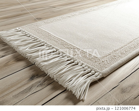 Minimalist white prayer mat with decorative elements for modern interiors Minimalist white prayer mat with decorative elements for modern interiors 121006774