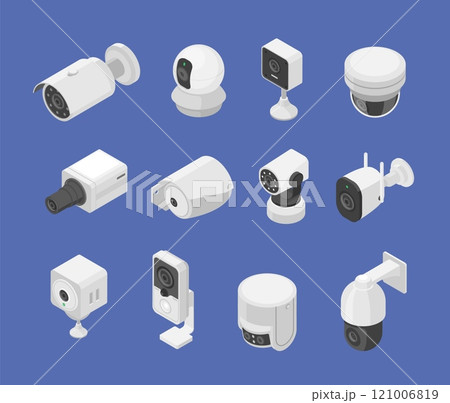 Isometric security camera. Face recognition technologies, street outdoor surveillance cameras. Cctv digital tools for protection, flawless vector set Isometric security camera. Face recognition technologies, street outdoor surveillance cameras. Cctv digital tools for protection, flawless vector set 121006819