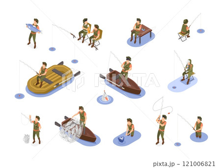 Isometric fishermen. Fisherman with rod and net fishing in pond or river. Men sitting in wooden or rubber boats. Outdoor seasonal hobby, flawless vector characters 121006821