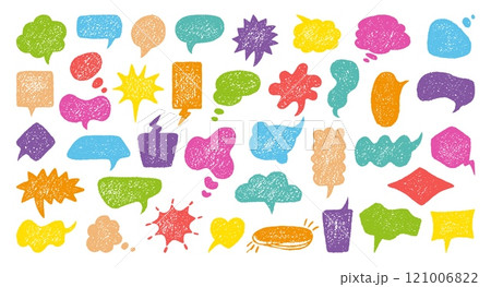 Textured speech bubbles. Crayon drawing bright text frames. Childish style talkative balloons, sketch grunge message banners for dialog, chalk drawn neoteric vector clipart 121006822