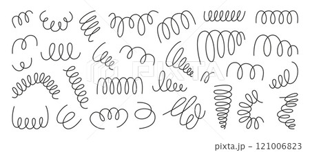Doodle spiral springs. Hand drawn springs, black wire flexible coils icons. Decorative metal spirals, garlands elements, neoteric flat coil vector set 121006823