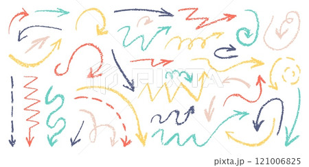 Charcoal pencil bright arrows. Crayon arrow drawing style, direction signs. Isolated abstract lines strokes and scribbles, neoteric vector clipart 121006825