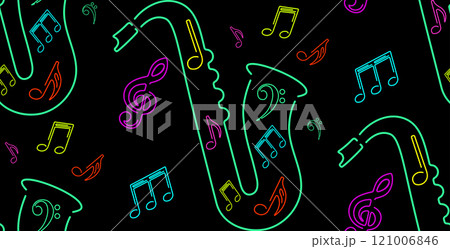 Neon saxophone with music notes seamless pattern 121006846