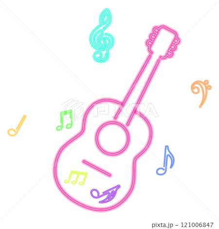 Pink glowing neon guitar with music notes 121006847
