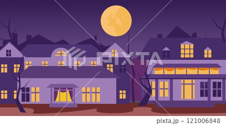 Seasonal small town flat landscape. Houses with lights in windows, moon and dry trees. Village night street, neighborhood vector background 121006848