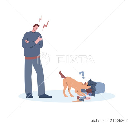 Owner is angry with dog. Puppy gutted trash can, pulled waste out on floor. Bad behavior of pet, angry man swears. Animal education and training, vector scene Owner is angry with dog. Puppy gutted trash can, pulled waste out on floor. Bad behavior of pet, angry man swears. Animal education and training, vector scene 121006862