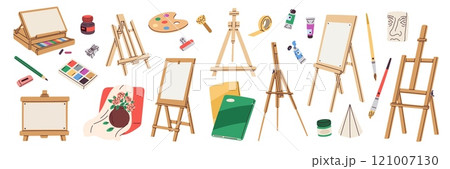 Cartoon easels and artist tools. Painting accessories. Paints palette. Brushes and pencils. Art classroom stuff. Creative workshop supply. Stationery for drawing. Garish vector set Cartoon easels and artist tools. Painting accessories. Paints palette. Brushes and pencils. Art classroom stuff. Creative workshop supply. Stationery for drawing. Garish vector set 121007130