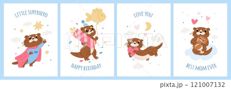 Cute otters cards. Funny little marine animals. Kids birthday party. Happy Mothers day. Love confession Valentine holiday. Cartoon weasel mascot with festive gifts. Garish vector set 121007132