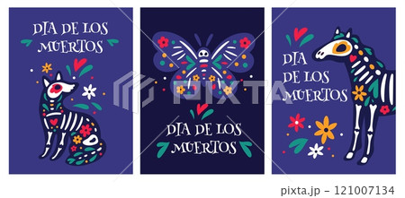 Dia de los Muertos cards. Flower skeleton animals. Mexican holiday invitation. Bones silhouettes with blossoms. Mammal skull. Dead horse and dog. Butterfly of death. Garish vector set Dia de los Muertos cards. Flower skeleton animals. Mexican holiday invitation. Bones silhouettes with blossoms. Mammal skull. Dead horse and dog. Butterfly of death. Garish vector set 121007134