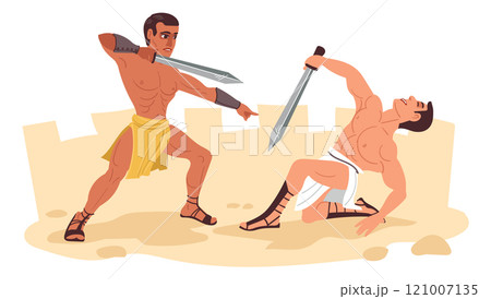 Gladiators fight scenes. Ancient Roman warriors. People in armor. Legionnaires in battlefield. Colosseum battles. Soldiers attacking and defending with weapon. Splendid vector concept Gladiators fight scenes. Ancient Roman warriors. People in armor. Legionnaires in battlefield. Colosseum battles. Soldiers attacking and defending with weapon. Splendid vector concept 121007135