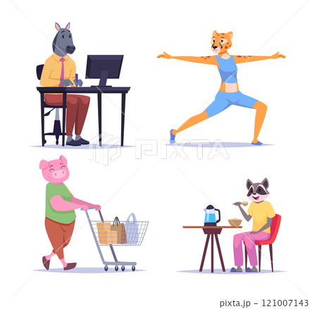 Animals casual people. Anthropomorphic characters with shopping cart, working with a desktop compute, sports stretching, breakfast 121007143
