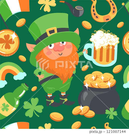 Saint Patrick day elements seamless pattern. Funny leprechaun. Cartoon lucky dwarf holds mug of beer. Repeated print. March 17th celebration. Gold coins pot. Splendid vector background 121007144