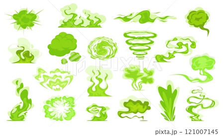 Toxic smell. Cartoon green bad smoke clouds. Stinky acid steams. Disgusting fart. Magic explosions. Rotten haze emanations. Potion evaporations. Smoking dust. Swirl vapors vector set 121007145
