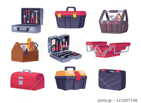 Portable toolboxes. Plastic containers for professional equipment exact vector tools for diy serviceman or builders 121007146