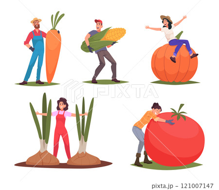 Farmers. People crop care harvesting time exact vector characters with big pumpkin carrot fruits and vegetables 121007147