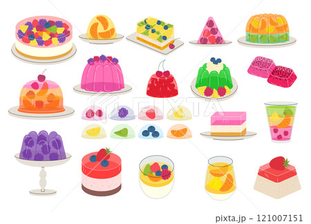 Fruit in jellies. Fresh dessert fresh juicy fruits in jellies candy puddings and piece of cakes recent vector stylized illustrations 121007151