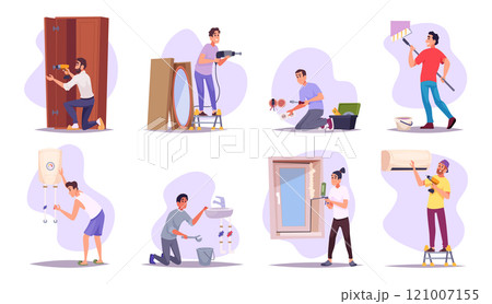 Home workers. Maintenance and renovation services builders fixing old room making repair work exact vector illustration set Home workers. Maintenance and renovation services builders fixing old room making repair work exact vector illustration set 121007155