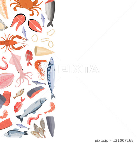 seafood. background illustration with herring squid shrimp octopus crayfish. vector pictures of different seafood products 121007169