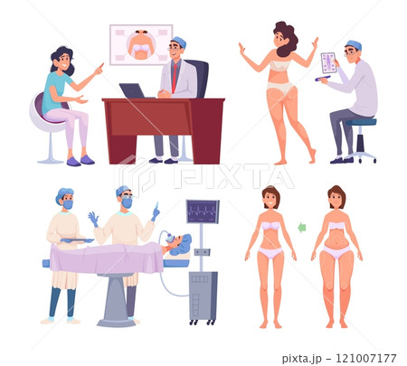 Plastic surgery. Face or body cosmetic surgery renovation scenes exact vector concept illustration set 121007177