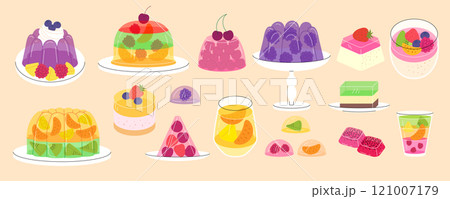 Jellies candy. Different dessert from fruits juicy food and puddings recent vector jelly cakes Jellies candy. Different dessert from fruits juicy food and puddings recent vector jelly cakes 121007179