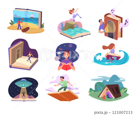 Books imagination. Readers dreaming fantasy characters from fairytale books exact vector beautiful mind worlds exploring Books imagination. Readers dreaming fantasy characters from fairytale books exact vector beautiful mind worlds exploring 121007213