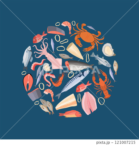 seafood background. fishes illustration in circle shape marine or ocean products 121007215