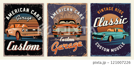 Custom cars posters. Retro placard with muscle cars and customizing design vehicles recent vector template with place for personal text 121007226