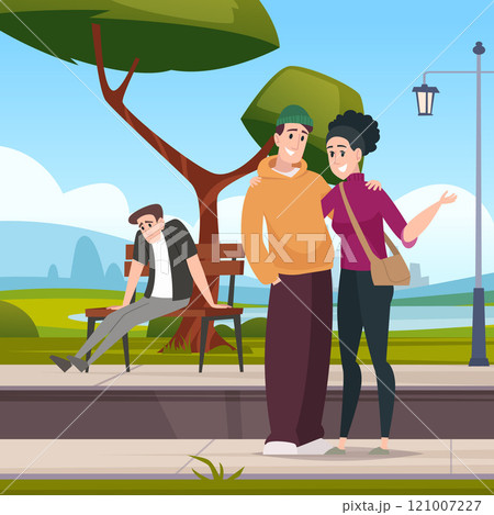 loneliness. sad man sitting in park and suffering break up girl outdoor vector background 121007227