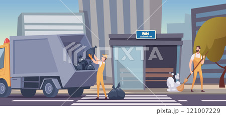 urban cleaners. outdoor city background with professional workers in uniform removal garbage from roads 121007229