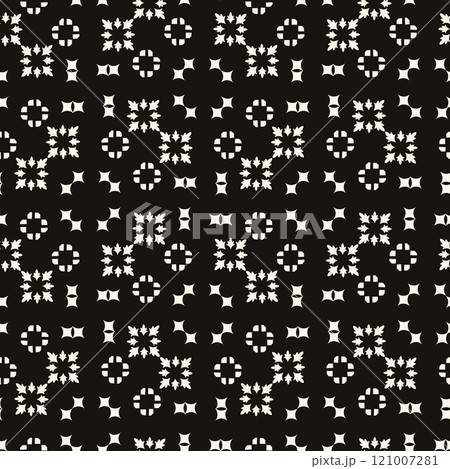 Simple minimalist geometric seamless pattern. Abstract monochrome minimal background with small floral shapes. Subtle repeat design for decor, print. 121007281