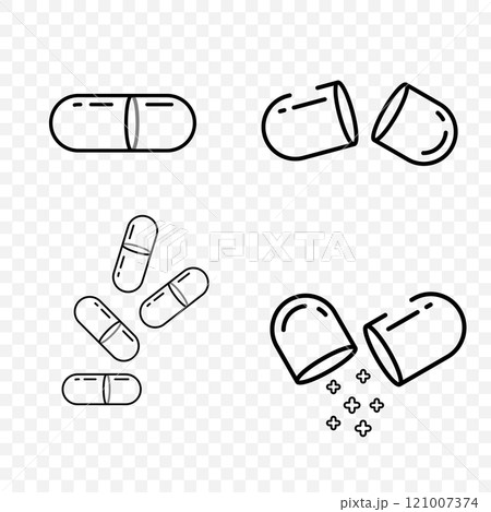 Black line vector icons of pills and drug for medicine pharmacy. Pill silhouette icon. 121007374