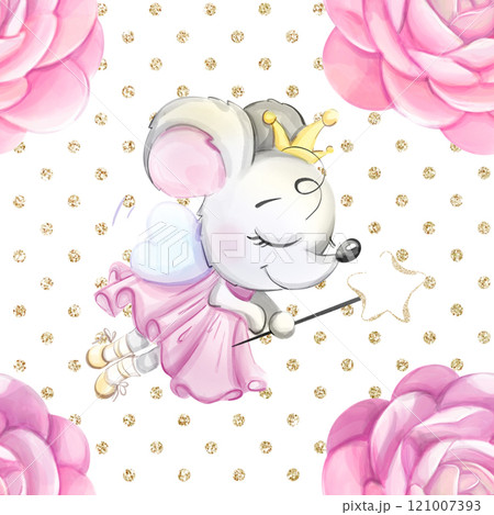Watercolor seamless pattern princess fairy tooth and roses. Cartoon mouse with crown. Gold polka dot background for textile, printable, congratulations Watercolor seamless pattern princess fairy tooth and roses. Cartoon mouse with crown. Gold polka dot background for textile, printable, congratulations 121007393
