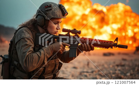A soldier in tactical gear aims a weapon amidst an explosion, showcasing a dramatic military scene. 121007564