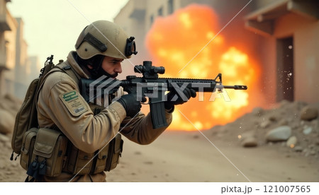 A soldier in tactical gear aims a weapon amidst...のイラスト素材 [121007565 ...