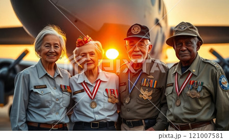 A group of veterans of various military branches standing together in front of a military aircraft, proudly wearing their uniforms and medals A group of veterans of various military branches standing together in front of a military aircraft, proudly wearing their uniforms and medals 121007581