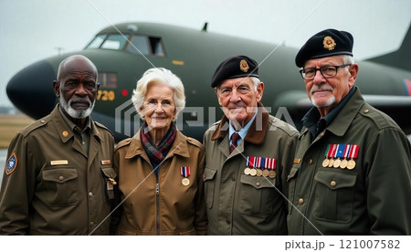 A group of veterans of various military branches standing together in front of a military aircraft, proudly wearing their uniforms and medals 121007582