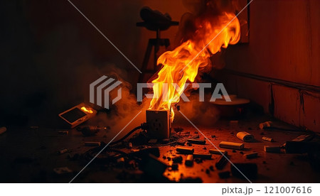 A burning electrical outlet on the floor in a room A burning electrical outlet on the floor in a room 121007616