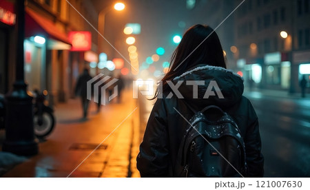 A person walks through a foggy city street at night, their backpack covered in light snow 121007630
