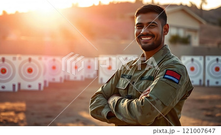 An Air Force soldier stands at a training ground with arms crossed and smiles 121007647