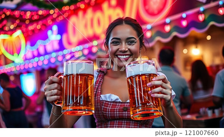 A cheerful young woman in traditional Bavarian attire holds two large beer mugs at an Oktoberfest event. The lively atmosphere and her smiling face celebrate the festival spirit 121007660