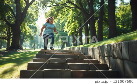An overweight woman going up or down the stairs in the park, sports, working out 121007690
