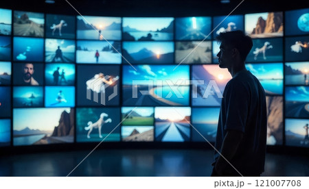 young man standing in front of the wall made of tv screens with different videos playing 121007708