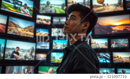 young man standing in front of the wall made of tv screens with different videos playing young man standing in front of the wall made of tv screens with different videos playing 121007710