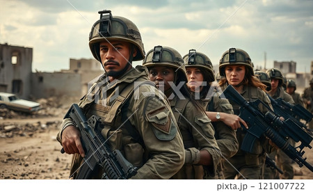 Modern soldiers in a dusty warzone, fully equipped and facing the camera in military formation. Concept Military Photoshoot, Warzone Setting, Soldier Portraits, Military Formation, Dusty Environment 121007722