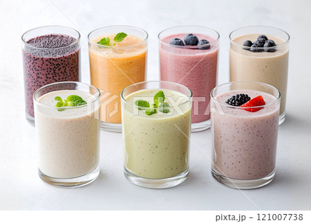 various glasses of different fresh healthy smoothies 121007738