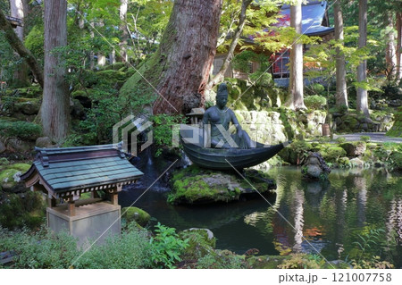 Statue of Avalokitesvara on a boat made from a leaf from the vision of Zen Master Dogen Zenji near the entrance to Daihonzan Eiheiji Temple near Fukui Japan 121007758