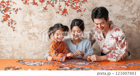 family joyfully assembling traditional Chinese New Year puzzle together family joyfully assembling traditional Chinese New Year puzzle together 121007801