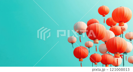 Bright red lanterns against turquoise background create festive atmosphere 121008013