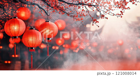 Bright red lanterns illuminate serene neighborhood filled with blossoms 121008014