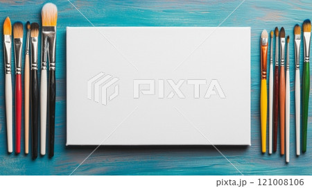 Art supplies with canvas and paintbrushes on a colorful background. Art supplies with canvas and paintbrushes on a colorful background. 121008106